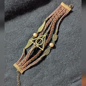 Brass Tone Brown Faux Leather Harry Potter Charm Statement Bracelet
